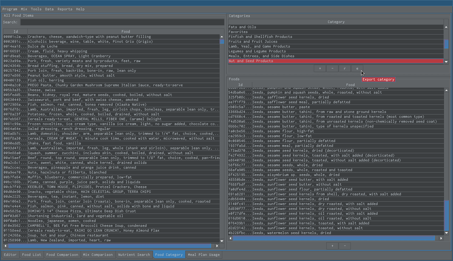 export all your foods in a category
